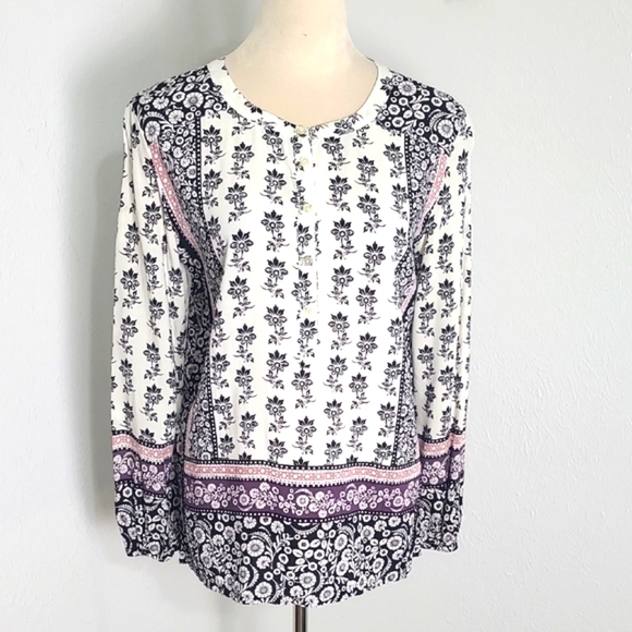LOFT Black & White Floral Print Top with Pink & Purple Accents, Size Medium - Picture 1 of 10